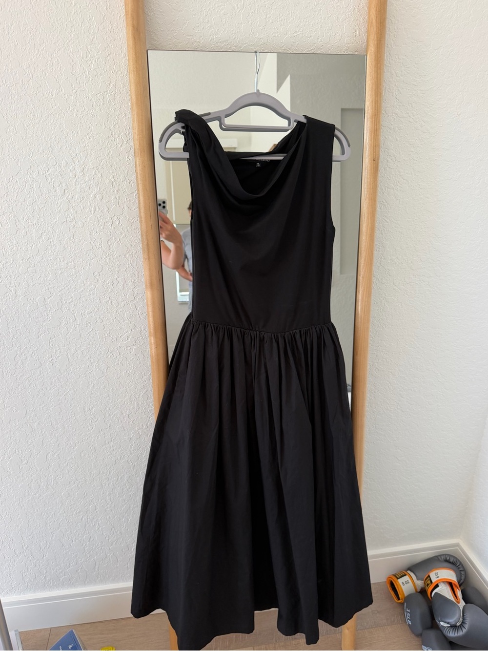 En Saison Black Sleeveless Midi Dress with Draped Neck